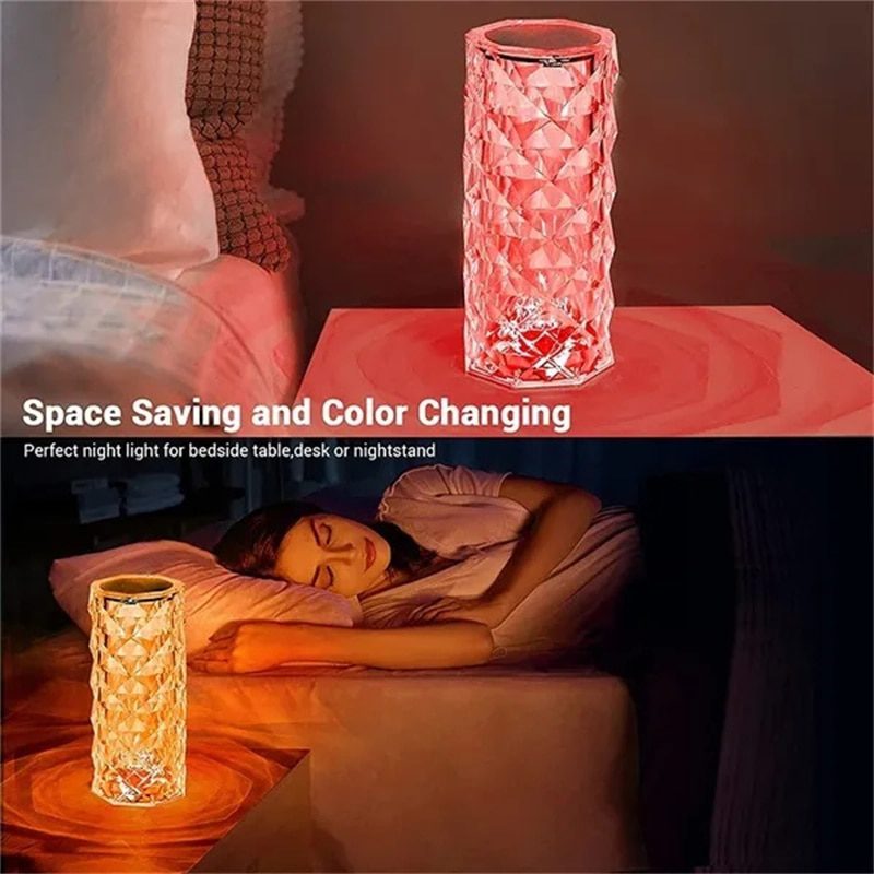 LED Crystal Table Lamp Rose Light Projector 3/16 Colors Touch Adjustable Romantic Diamond Atmosphere Light USB Touch Night Light