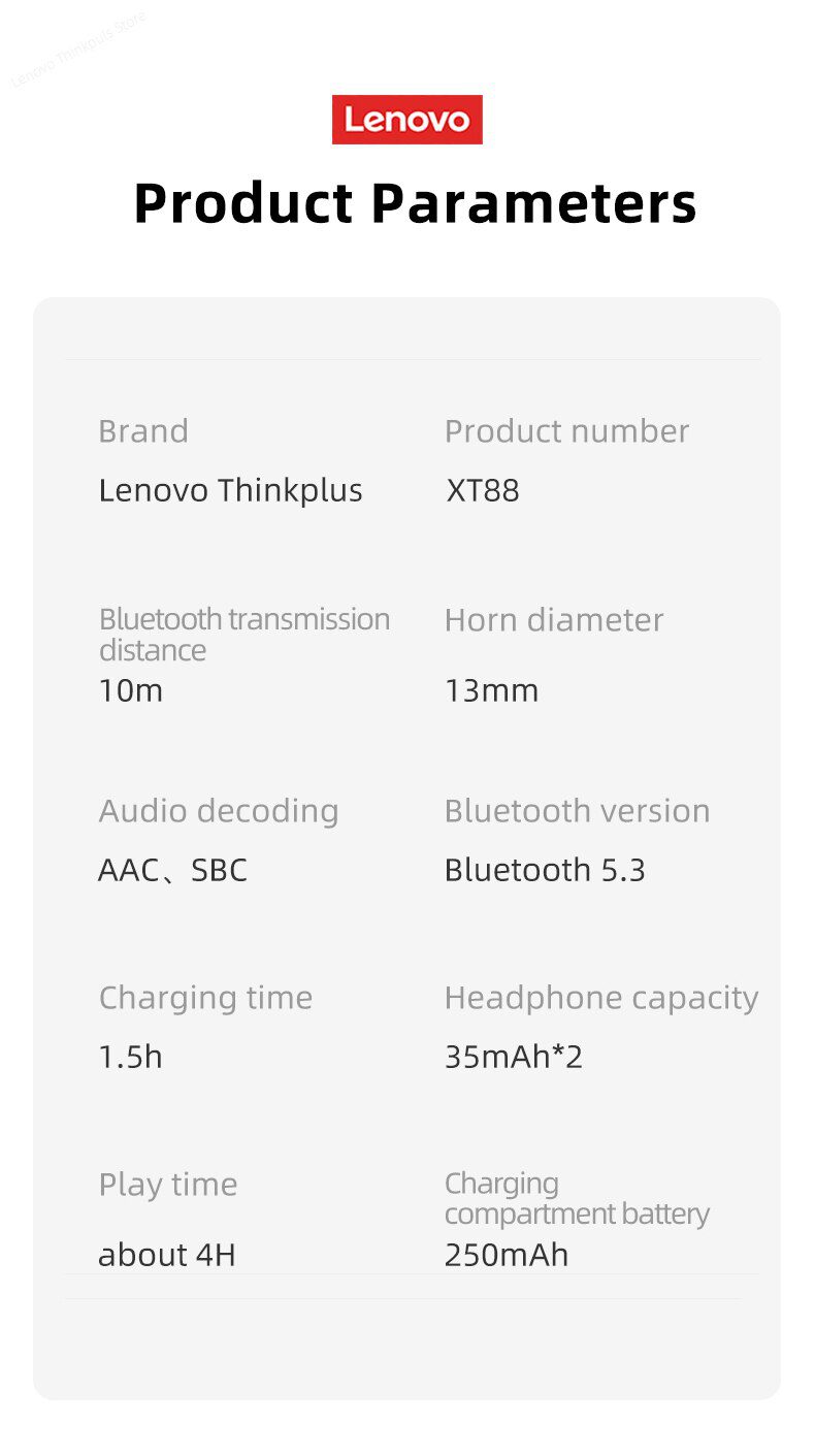 Original Lenovo XT88 TWS Wireless Earphone Bluetooth 5.3 Dual Stereo Noise Reduction Bass Touch Control Long Standby Headset