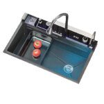 Honeycomb Digital Display: Waterfall Kitchen Sink, Soap Dispenser, Cup Washer Stainless Steel Set