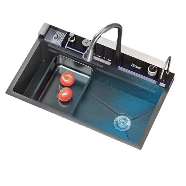 55830-a7a4jr.jpg Honeycomb Digital Display: Waterfall Kitchen Sink, Soap Dispenser, Cup Washer Stainless Steel Set