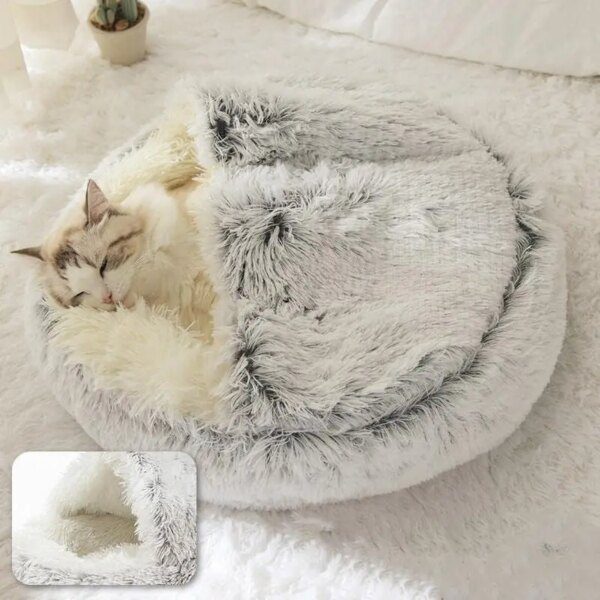 56158-eoeyyl.jpg Round Pet Bed: Soft Plush with 2-in-1 Nest Cave Design