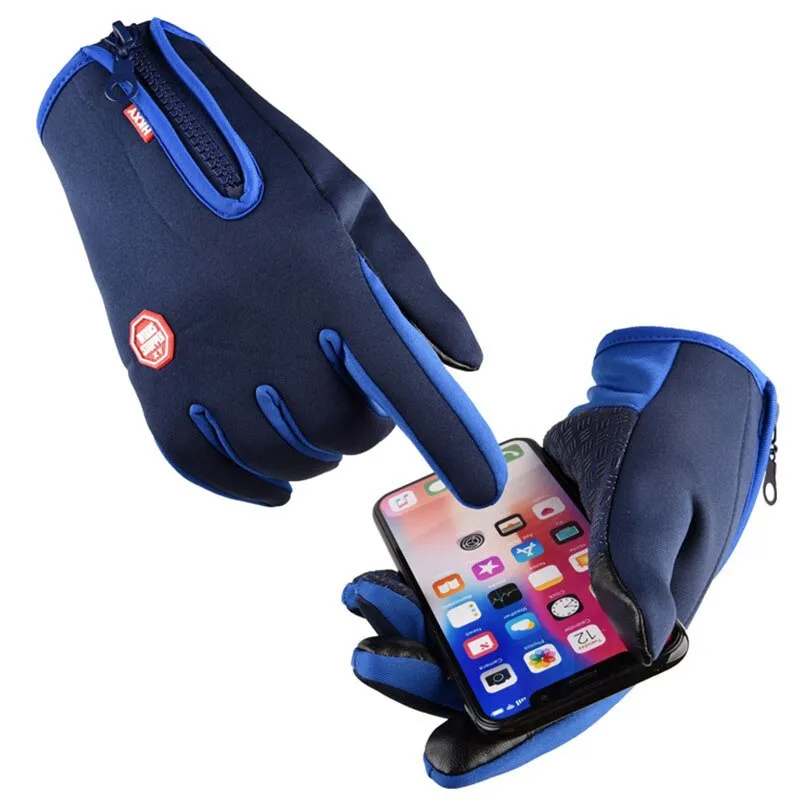 Touchscreen Fleece Blue Black Warm Gloves: Waterproof & Windproof