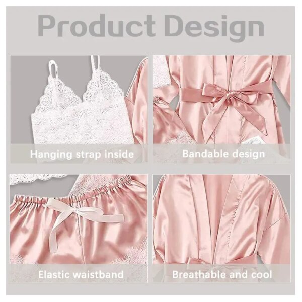 58593-czemnh.jpg Women's Summer Sexy Pajama Set 4 Pieces: Lace Satin Silk Robe