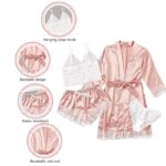 Women's Summer Sexy Pajama Set 4 Pieces: Lace Satin Silk Robe