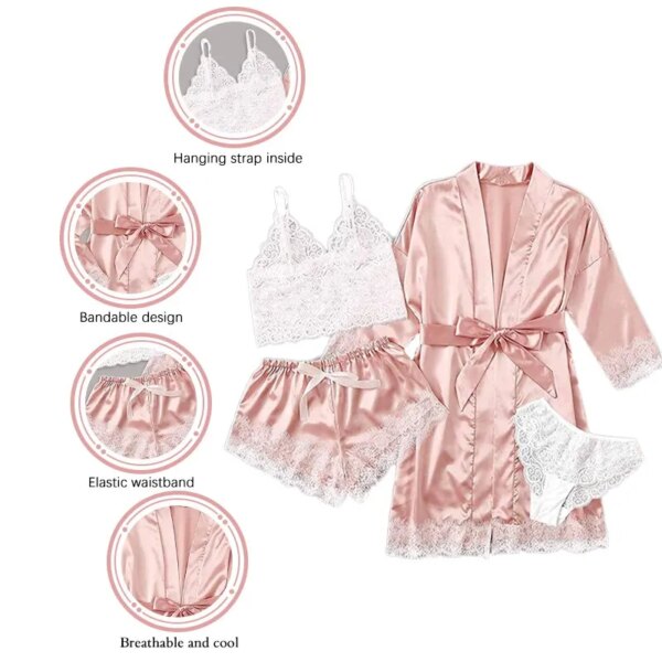 58593-h0ow7b.jpg Women's Summer Sexy Pajama Set 4 Pieces: Lace Satin Silk Robe
