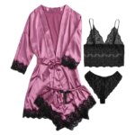 Women's Summer Sexy Pajama Set 4 Pieces: Lace Satin Silk Robe