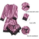 Women's Summer Sexy Pajama Set 4 Pieces: Lace Satin Silk Robe