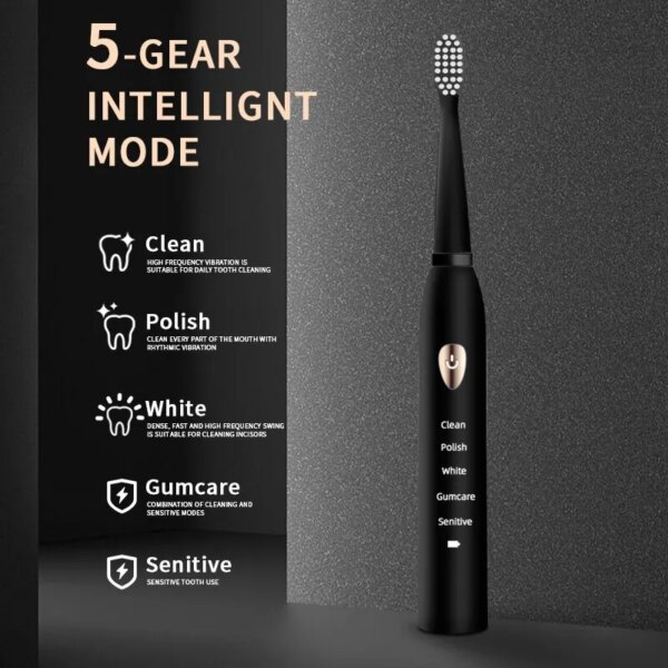 Jianpai Classic Acoustic Electric Toothbrush: 5-Gear Mode, USB Charging