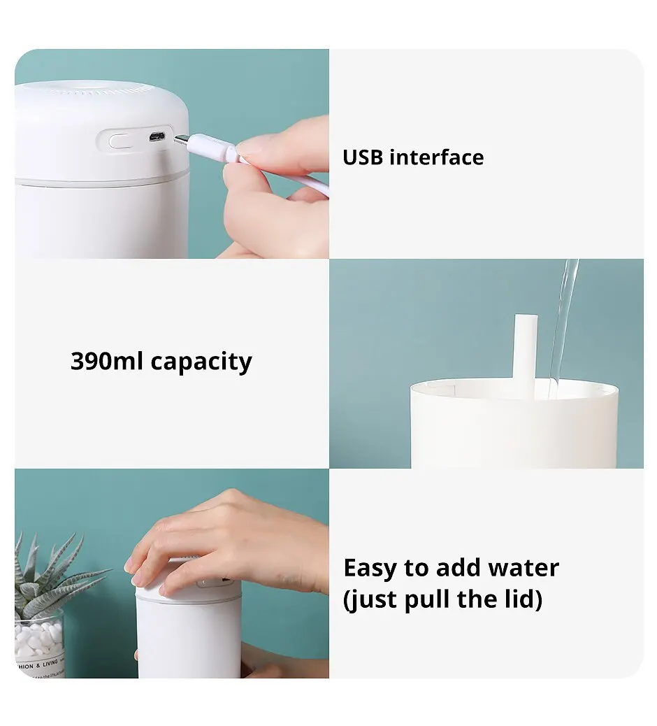 Portable 390ml Air Humidifier: Aromatherapy USB Sprayer with LED Night Lamp