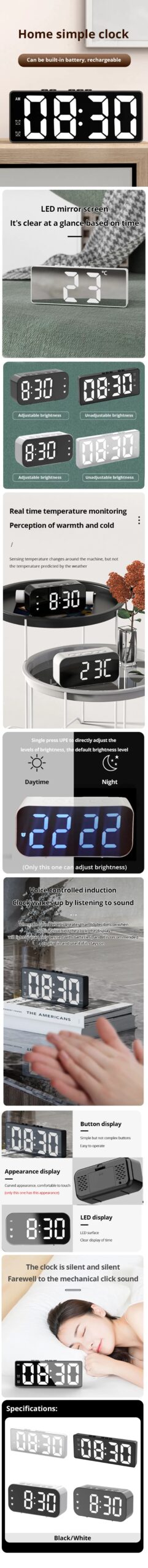 LED Mirror Digital Alarm Clock: Desktop Electronic Table Clock