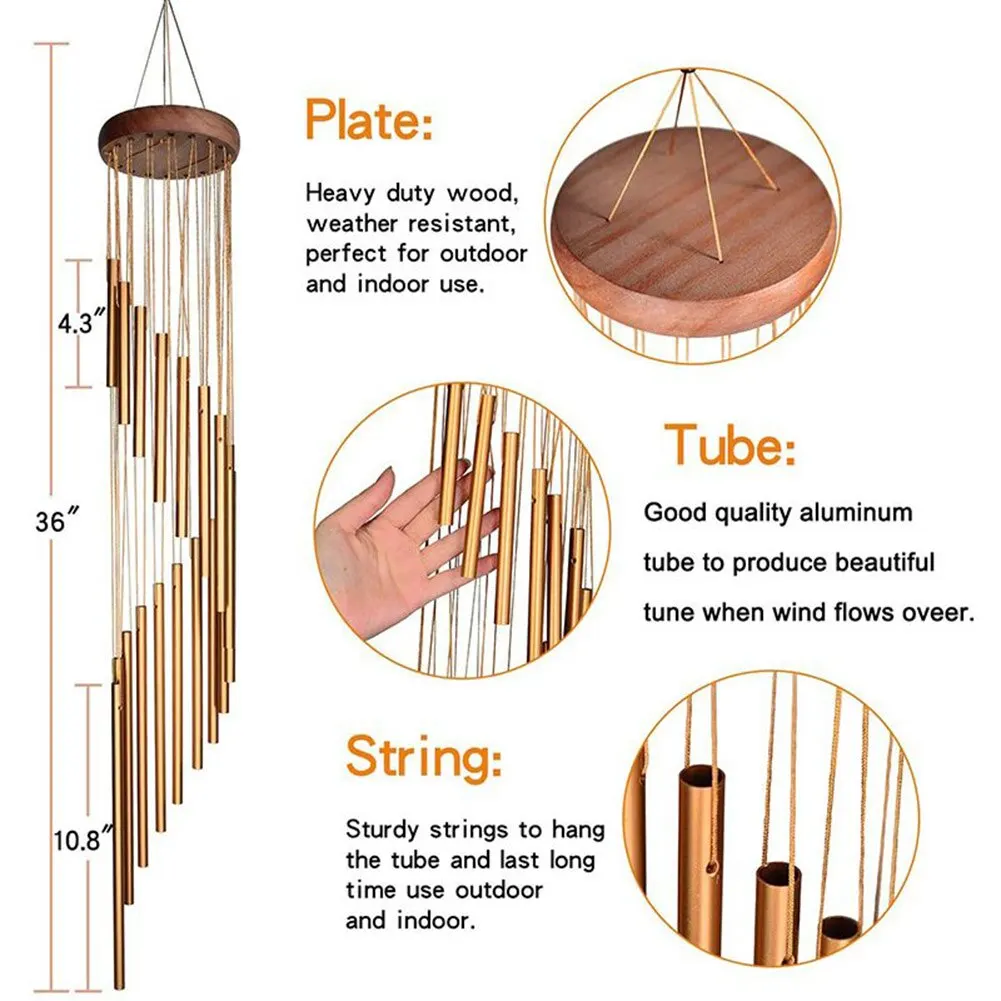 1 Piece 12 Tubes Aluminum Alloy Wind Chime with Hook: Gold/Silver Bells for Home Decoration