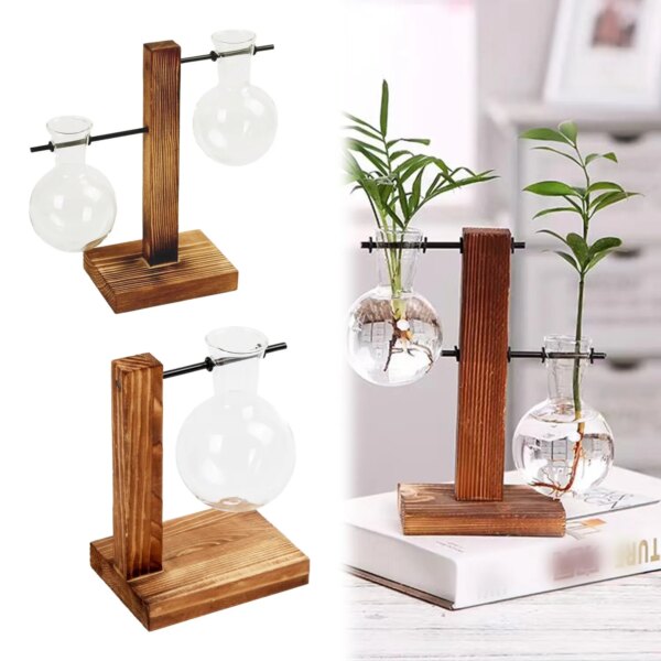 61018-djmzzp.jpg Desktop Glass Planter: Transparent Bulb Vase with Wooden Stand for Hydroponics Plants, Coffee Shop Decor