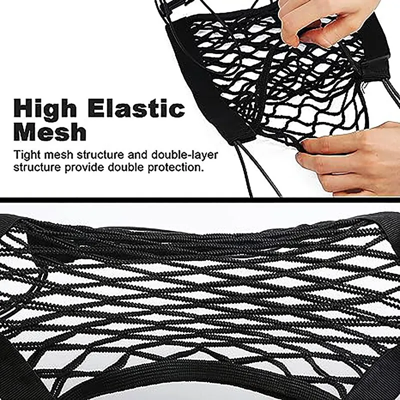 High-Elastic Double Layer Motorcycle Cargo Net: Helmet Storage, 10"X11" Bungee Net with Hooks