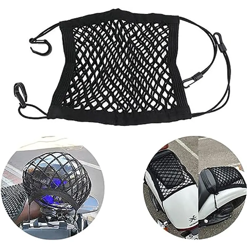 High-Elastic Double Layer Motorcycle Cargo Net: Helmet Storage, 10"X11" Bungee Net with Hooks