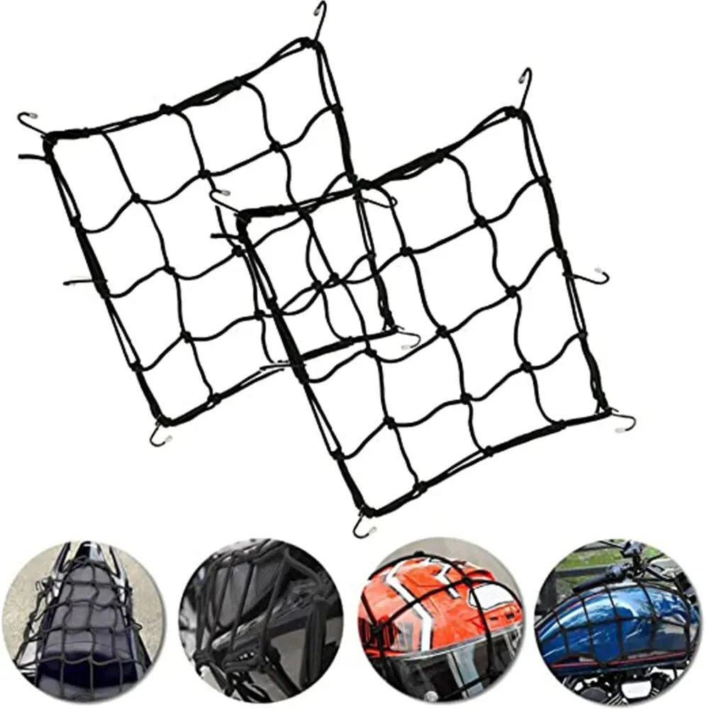 Motorcycle Luggage Net with 6 Hooks: Hold Down Fuel Tank, Bungee Mesh Web, Black