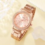 6pcs Set Luxury Rose Gold Watch Set: Women's Ring, Necklace, Earring, Rhinestone Wristwatch, Casual Bracelet