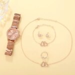 6pcs Set Luxury Rose Gold Watch Set: Women's Ring, Necklace, Earring, Rhinestone Wristwatch, Casual Bracelet