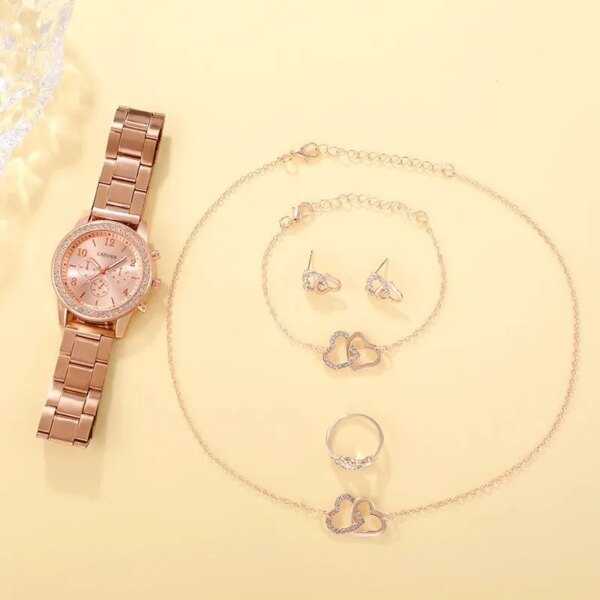 61622-j0tcnq.jpg 6pcs Set Luxury Rose Gold Watch Set: Women's Ring, Necklace, Earring, Rhinestone Wristwatch, Casual Bracelet