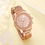 6pcs Set Luxury Rose Gold Watch Set: Women's Ring, Necklace, Earring, Rhinestone Wristwatch, Casual Bracelet