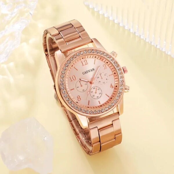 61622-ld8auk.jpg 6pcs Set Luxury Rose Gold Watch Set: Women's Ring, Necklace, Earring, Rhinestone Wristwatch, Casual Bracelet