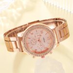6pcs Set Luxury Rose Gold Watch Set: Women's Ring, Necklace, Earring, Rhinestone Wristwatch, Casual Bracelet