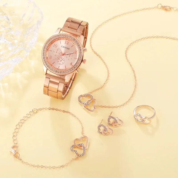 61622-tuutoj.jpg 6pcs Set Luxury Rose Gold Watch Set: Women's Ring, Necklace, Earring, Rhinestone Wristwatch, Casual Bracelet