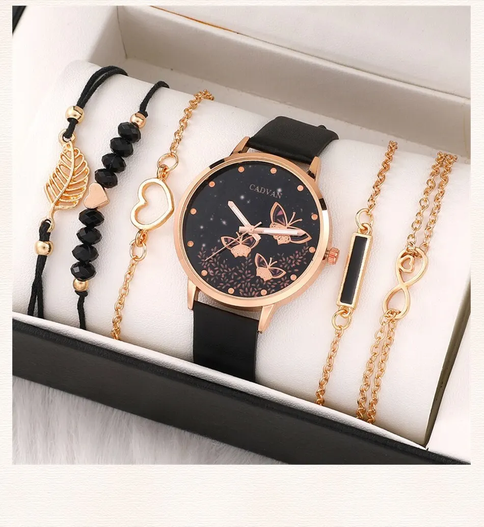 6pcs Gift Set Women's Fashion Butterfly Watch: Analog Wristwatch Bracelet