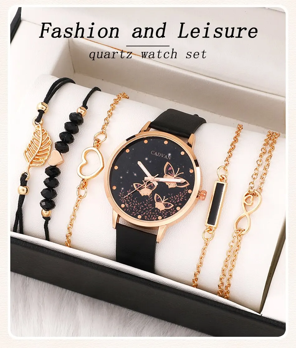 6pcs Gift Set Women's Fashion Butterfly Watch: Analog Wristwatch Bracelet