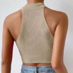Ribbed High Neck Halter Top: Slim Fit Sleeveless Crop