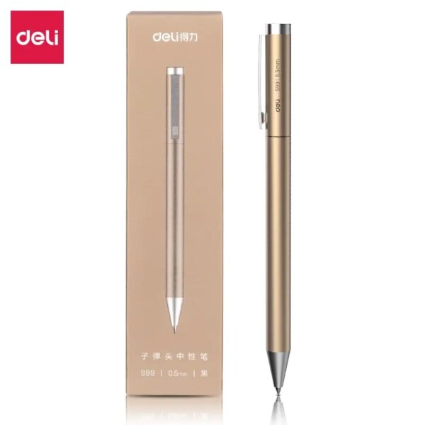 63239-z00dsl.jpg Metal Gel Pen: Deli Golden Signing Pen, Black Ink, Office Stationery