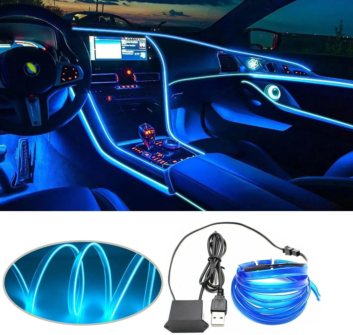 Car Interior LED Neon Strip Light: 2M/3M/5M EL Wiring, USB Drive Powered, DIY Flexible Ambient Lighting for Auto