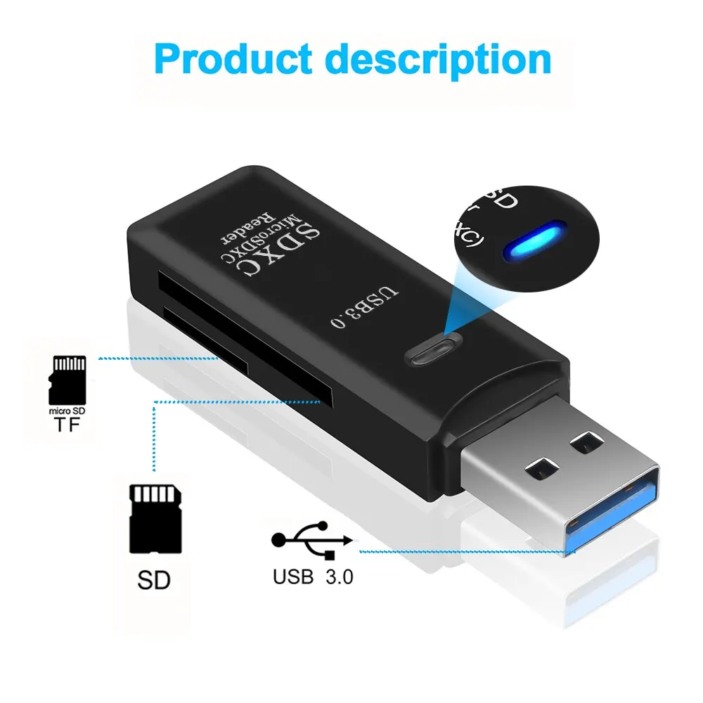 2 In 1 High Speed Mini USB 3.0 Multi Card Reader: For Micro SD and TF Memory Flash Drive