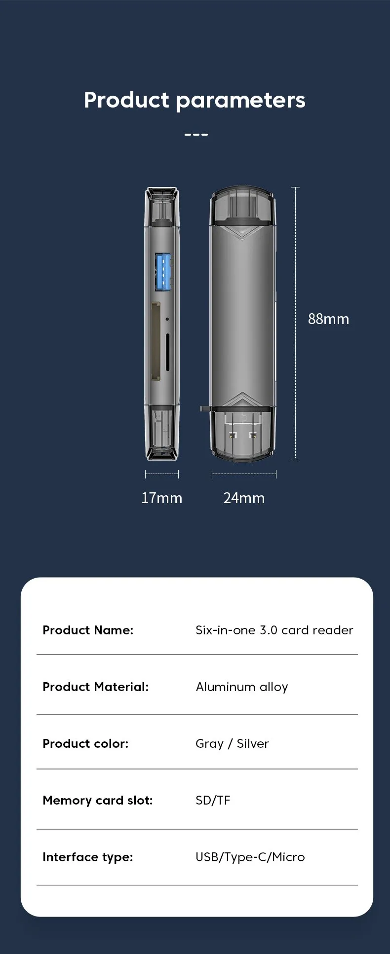 6-in-1 USB 3.0 Card Reader: Multi-Function Memory Card Adapter for Type C/Micro USB/TF/SD Flash Drive