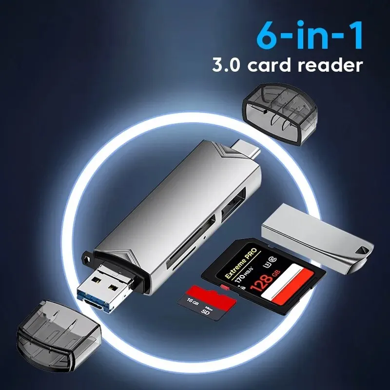 6-in-1 USB 3.0 Card Reader: Multi-Function Memory Card Adapter for Type C/Micro USB/TF/SD Flash Drive