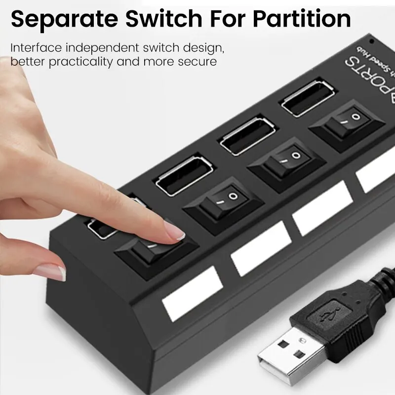 USB 2.0 Hub: Multi-Port Splitter with Switch, Power Adapter, and 30cm Cable