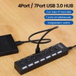 USB 2.0 Hub: Multi-Port Splitter with Switch, Power Adapter, and 30cm Cable