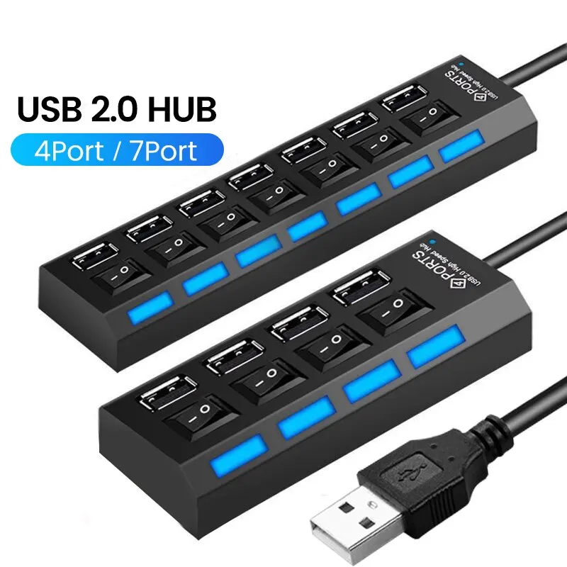 USB 2.0 Hub: Multi-Port Splitter with Switch, Power Adapter, and 30cm Cable