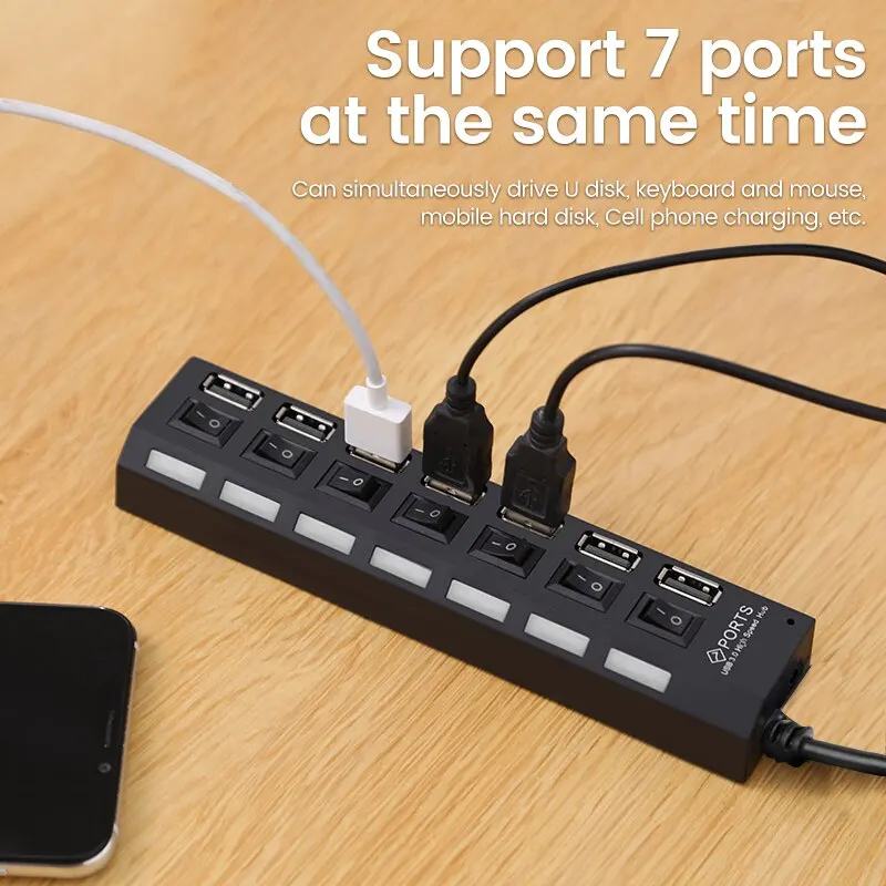 USB 2.0 Hub: Multi-Port Splitter with Switch, Power Adapter, and 30cm Cable