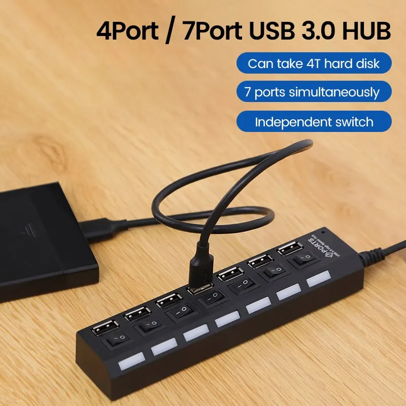 USB 2.0 Hub: Multi-Port Splitter with Switch, Power Adapter, and 30cm Cable