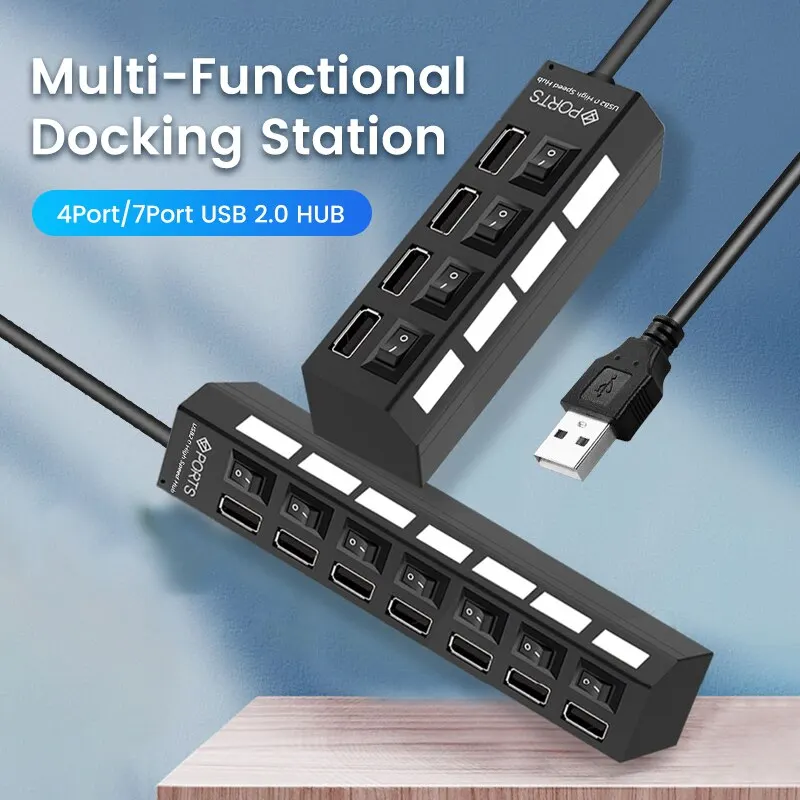 USB 2.0 Hub: Multi-Port Splitter with Switch, Power Adapter, and 30cm Cable