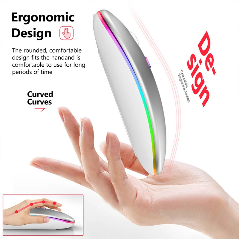 RGB Rechargeable Wireless Mouse for Laptop PC: Ergonomic Silent Mice with LED Backlit, Bluetooth Connectivity