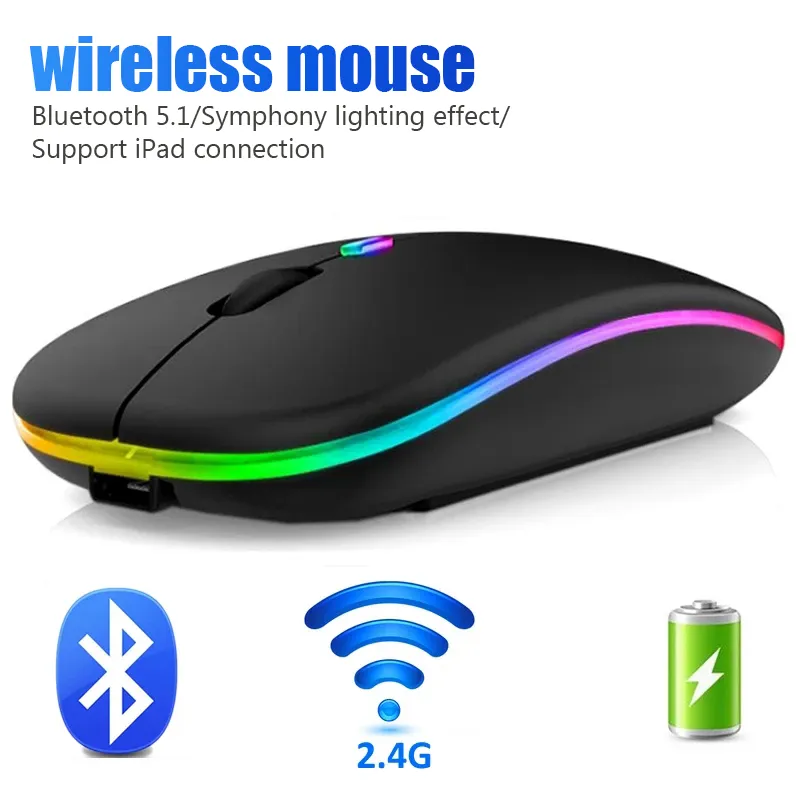 RGB Rechargeable Wireless Mouse for Laptop PC: Ergonomic Silent Mice with LED Backlit, Bluetooth Connectivity