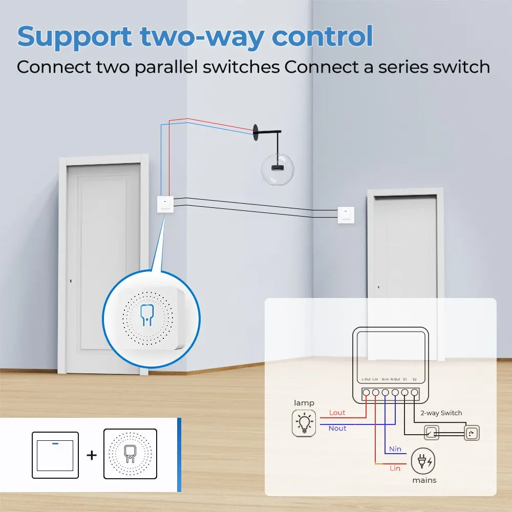 16A Mini WiFi Switch: Smart Home Relay, 2-Way Control, App Remote, Timer, Alexa, Google Home