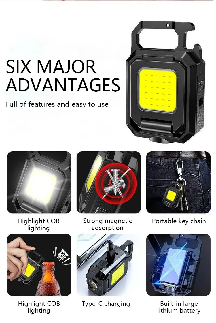 Double COB Lights USB Rechargeable Mini LED Flashlight: Work Lights with Magnet, Built-in Battery