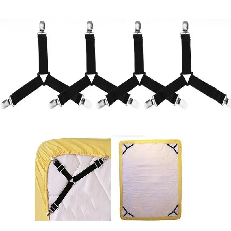 4Pcs Bed Sheet Fasteners Holder Clips: Elastic Straps, Adjustable, Mattress Cover Clips, Organize Sheets