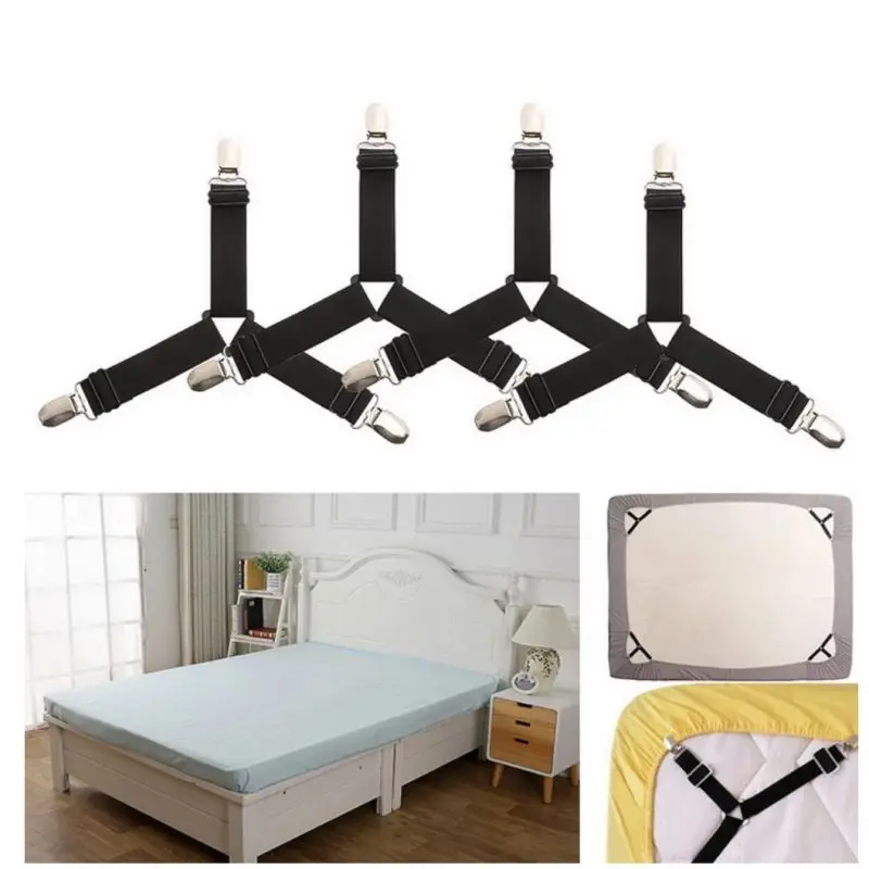 4Pcs Bed Sheet Fasteners Holder Clips: Elastic Straps, Adjustable, Mattress Cover Clips, Organize Sheets