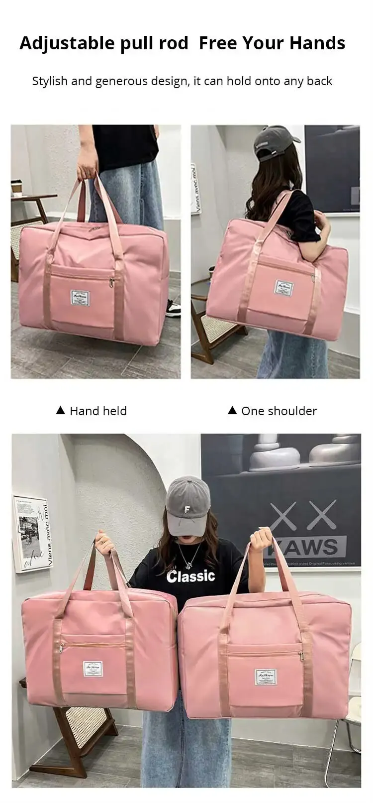 Pink/Blue/Grey Travel Storage Bag: Versatile Gym Handbag with Zipper