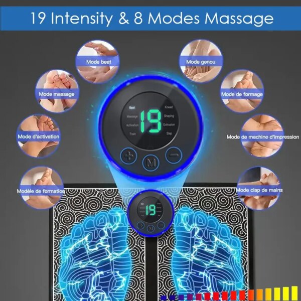 EMS Pulse Foot Massager: Sole Massage Pad with 8 Modes, 19 Levels of Muscle Stimulation, and USB Charging for Relaxation