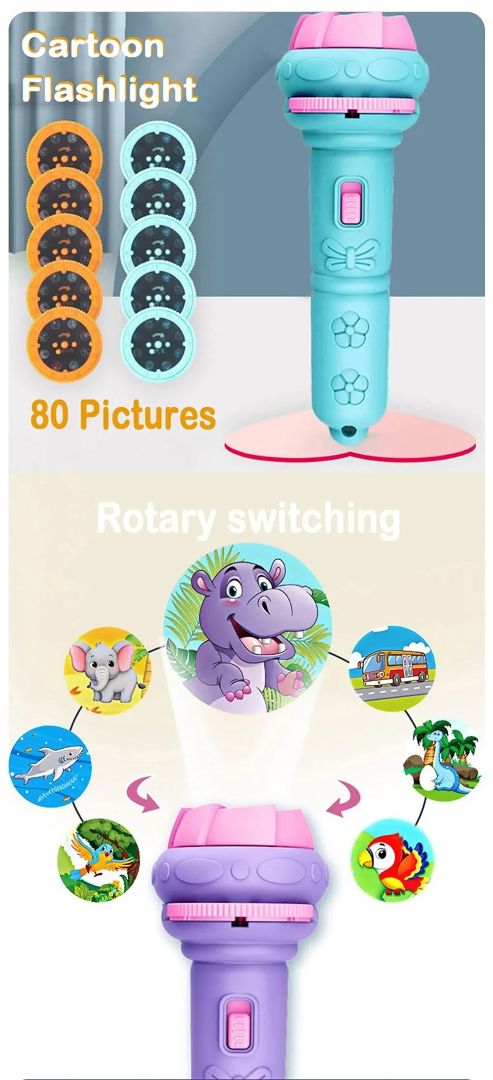 10 Cards Cartoon Projection Flashlight: Creative Children's Toy with 80 Patterns