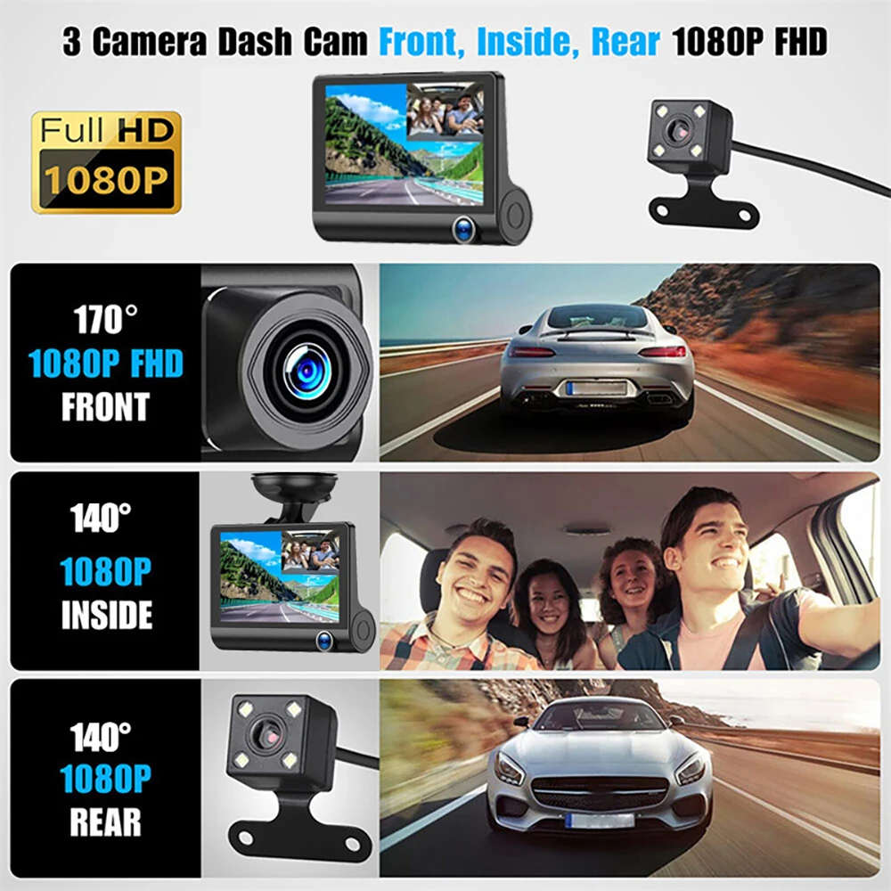 3-Camera Car DVR: 1080P Dash Cam with 4.0" Display, Video Recorder, Auto Registrator, Black Box, and Rear View Camera for Vehicles